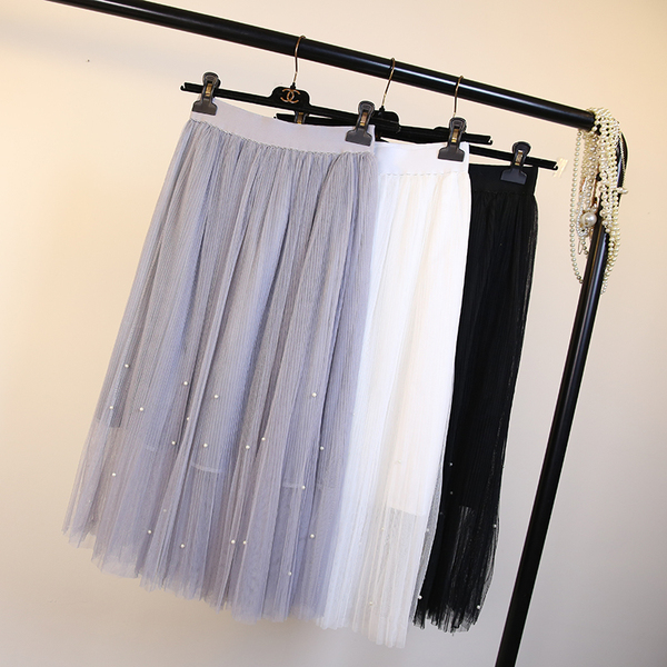 2017春夏装新款韩版仙女下摆珍珠钉珠蓬蓬网纱裙半身长裙中长款裙