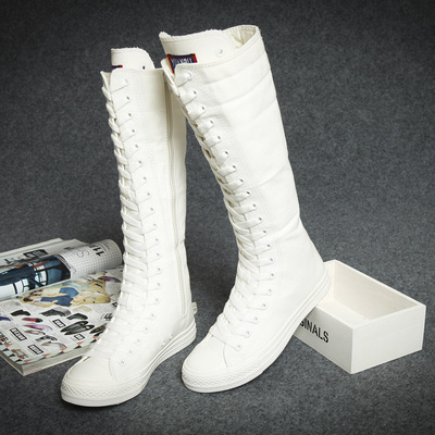 远步帆布鞋女侧拉链高帮帆布鞋女韩版潮鞋过膝高筒靴学生休闲板鞋