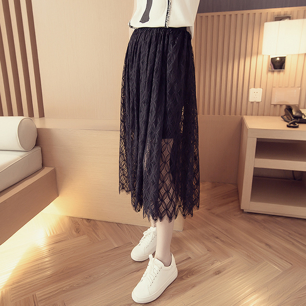 2016春装新款韩版中长款半身裙镂空透视显瘦蕾丝裙高腰休闲裙子女