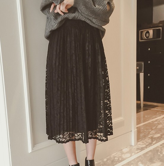 秋冬新款韩版高腰复古甜美通勤镂空百褶气质蕾丝半身长裙女