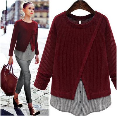2017春季新款欧美胖mm大码女装修身显瘦拼接套头长袖针织衫Q562