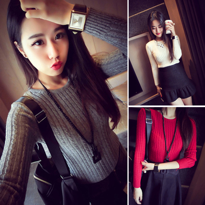 秋冬女士羊毛衫修身低领打底衫圆领紧身羊绒衫针织衫短款套头毛衣