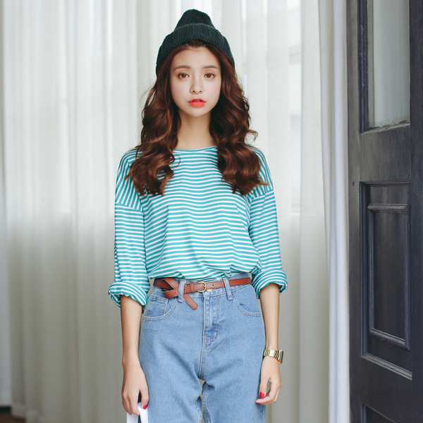 秋冬新款韩版清新甜美文艺范条纹长袖圆领T恤港式学院风打底衫女