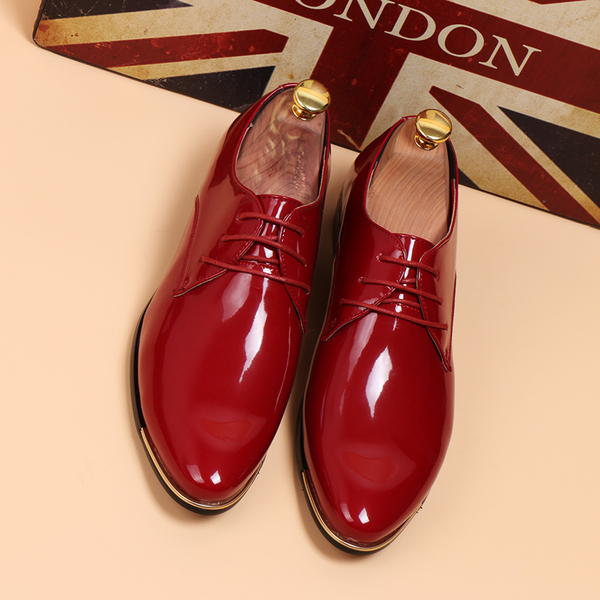 男士商务正装亮面皮鞋红色时尚婚鞋男鞋新郎鞋漆皮皮鞋英伦尖头潮