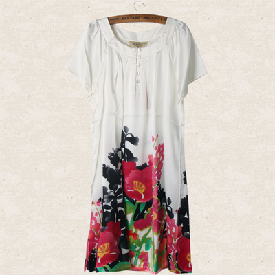 美标专柜正品桑蚕丝家居服睡衣女士夏季纯真丝印花短袖睡裙330182