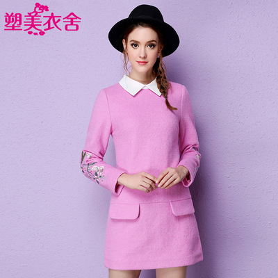 新款绣花长袖加厚毛呢连衣裙女韩版修身显瘦优
