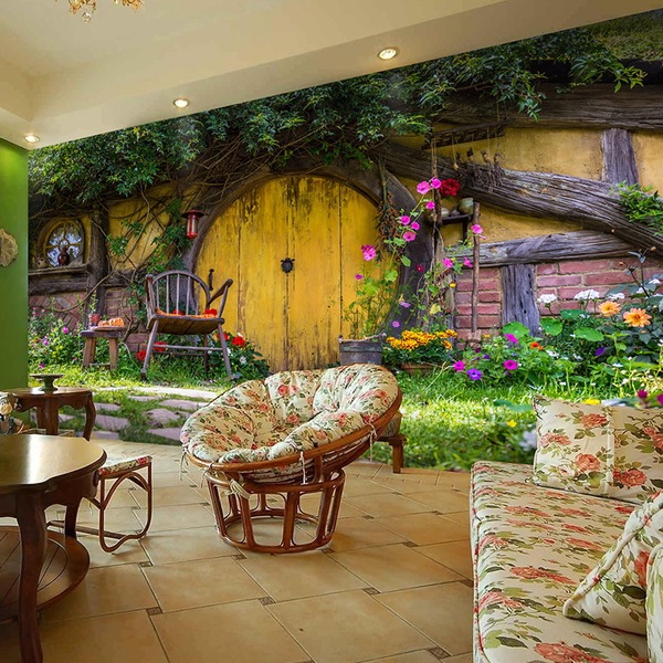欧式复古3d木纹田园风后花园 大型壁画客厅餐厅 自粘无缝墙纸壁纸