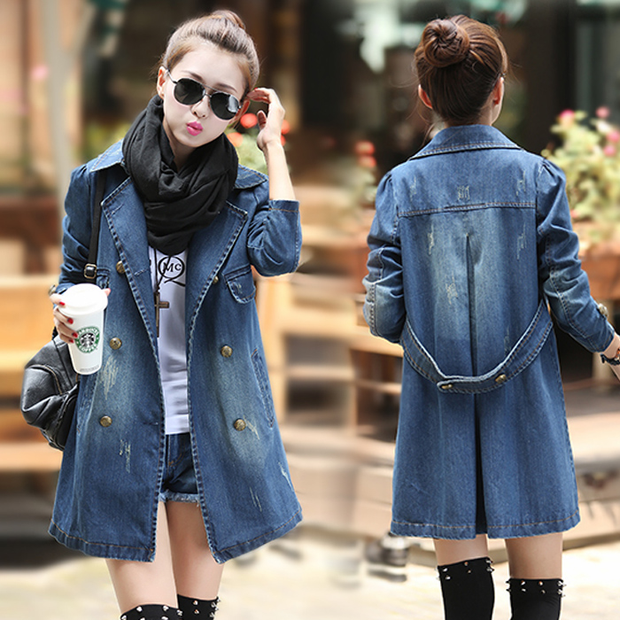 2015 autumn and winter new Korean yards long section of loose denim jacket Girls long-sleeved denim jacket coat female