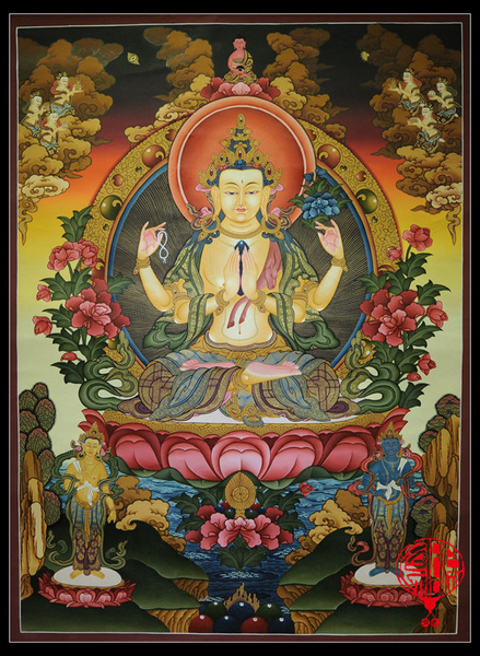 精品藏传佛教密宗纯手绘四臂观音唐卡增福寿财度灾难76×100cm