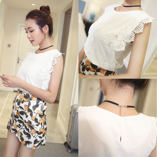 春夏新款女装百搭宽松显瘦无袖蕾丝钩花拼接修身显瘦打底背心上衣