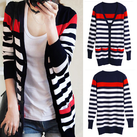 2016春秋装韩版女装修身显瘦毛衣开衫中长款条纹开衫针织衫外套