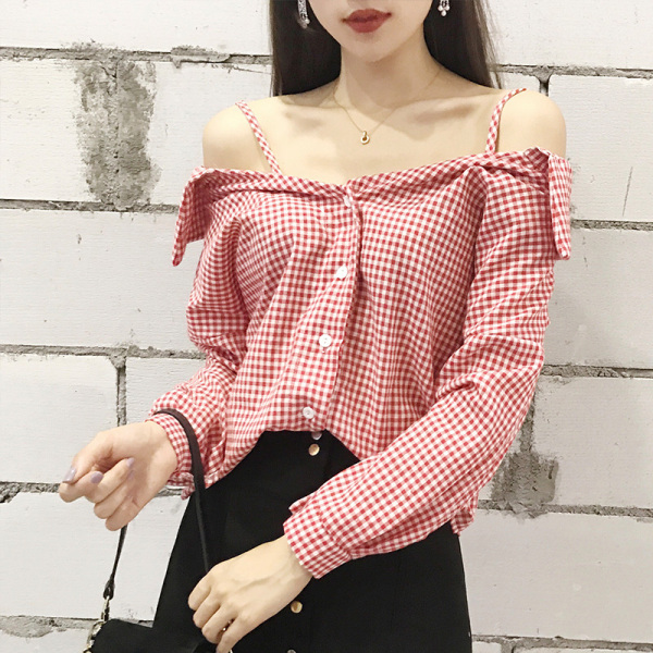 小银子2017春装新款韩范百搭一字领露肩吊带上衣长袖衬衫女C2109