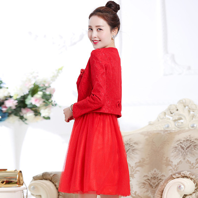 2016新款韩版两件套红色长袖新娘礼服连衣裙