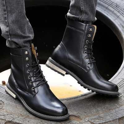 内增高男士皮靴马丁靴中筒军靴尖头韩版潮流长靴男靴子英伦时尚靴