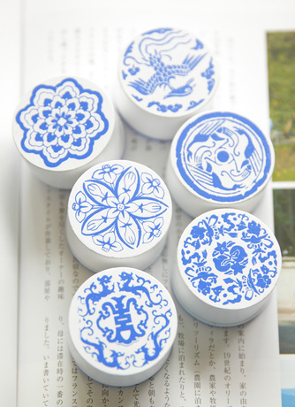 复古文艺中国风 青花瓷木质印章 花纹印章 6款