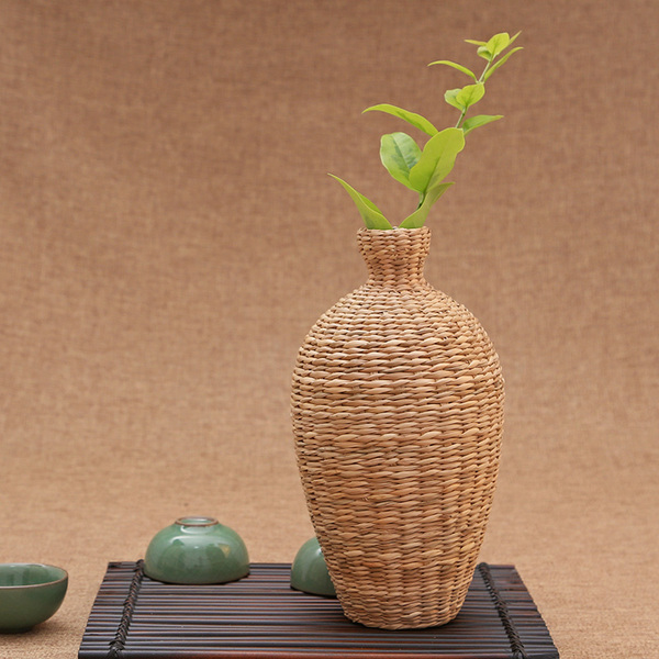越南进口草编陶胎花瓶 纯手工秋藤编织花器花容 复古