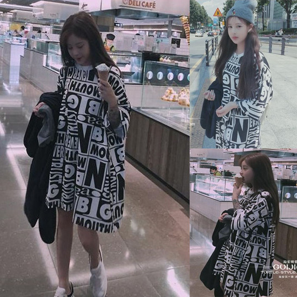 原宿bf港风宽松中长款短袖T恤连衣裙女夏季韩版学生胖MM大码女装