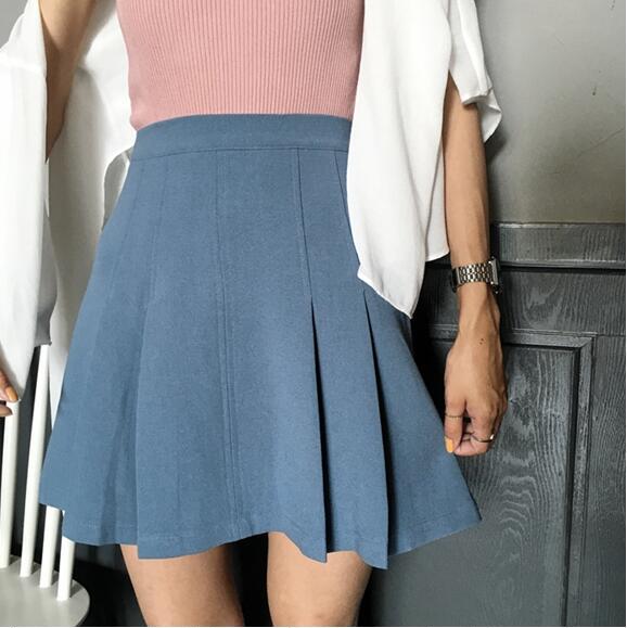 韩国学院风复古压褶高腰显瘦纯色西装料A字半身裙女学生百搭短裙