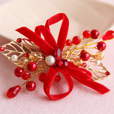 花嫁新娘头花发夹红缘韩式纯手工串珠红色结婚头饰婚纱礼服发饰品