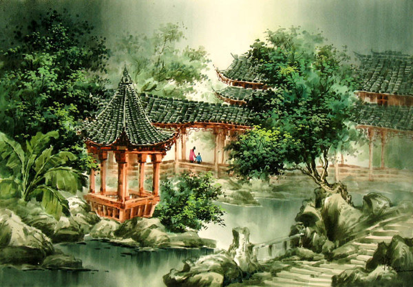 《水墨国画》雨寒水彩风景系列画 园林秀景 80*54cm x20369
