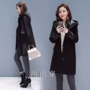 Faux fur một chiếc áo khoác lông pew áo dài phần có mũ và nhung dày pu da nữ hai mặc mùa đông