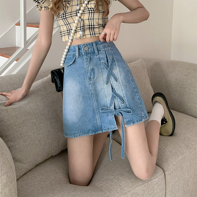 taobao agent Small design belt, summer denim skirt, mini-skirt, plus size, trend of season, high waist, A-line, hip-accented