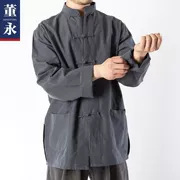 Phong cách quốc gia mã lớn kiểu cổ áo sơ mi cotton và vải lanh cổ đại bộ nam mùa hè Tang phù hợp với quần áo Tai Chi cũ - Trang phục dân tộc