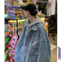 牛仔衣男生秋季日系街頭潮流原宿bf風仙鶴印花寬鬆休閒外套夾克衫