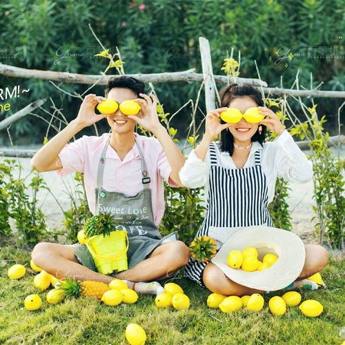 Фотостудия, свадебное платье, детский фотореквизит, имитация желтого и зеленого лимона, фрукты, ломтики арбуза, очки, желтое украшение, съемка