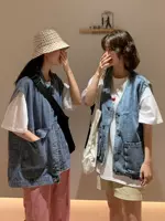 Mùa hè Hàn Quốc áo sơ mi nữ giản dị BF gió tay áo denim lưới màu đỏ in dụng cụ áo khoác lỏng lẻo - Áo vest shop thời trang nữ