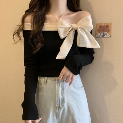 taobao agent Autumn long-sleeve, top, plus size, open shoulders, fitted