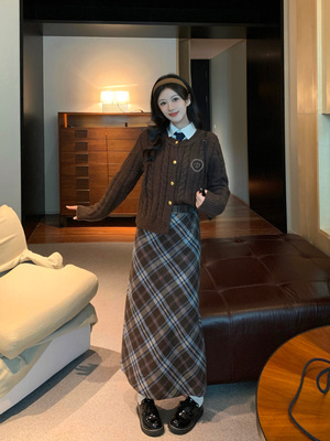 taobao agent Sweater, demi-season cardigan, long skirt, set, plus size, with embroidery, long sleeve, 2023 collection