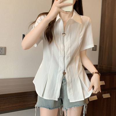 taobao agent White summer mini-skirt with zipper, bra top, plus size, polo collar, with short sleeve, fitted
