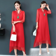 Kích thước lớn của phụ nữ mùa xuân và mùa hè Phong cách Trung Quốc cải tiến váy sườn xám quốc gia váy lụa đỏ lụa - Váy dài