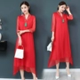 Kích thước lớn của phụ nữ mùa xuân và mùa hè Phong cách Trung Quốc cải tiến váy sườn xám quốc gia váy lụa đỏ lụa - Váy dài đầm maxi đi biển