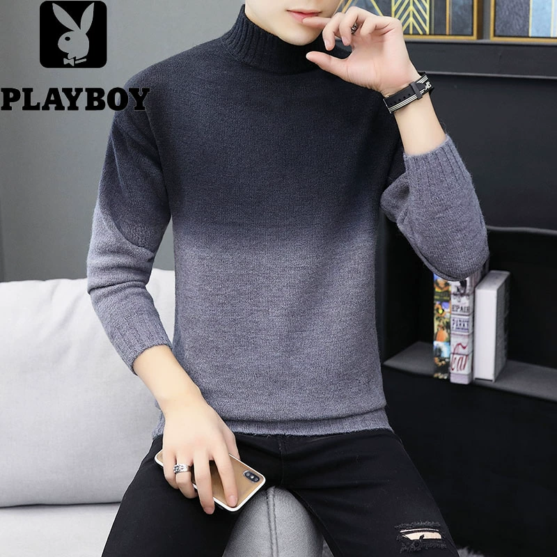 Playboy đích thực mùa thu mới thanh niên cổ cao áo len dốc áo len áo thun nam Hàn Quốc giản dị - Áo len cổ tròn