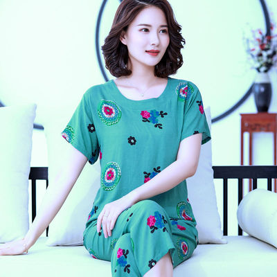 zz4棉绸睡衣女夏天中老年家居服妈妈宽松舒适短袖薄款绵绸套装