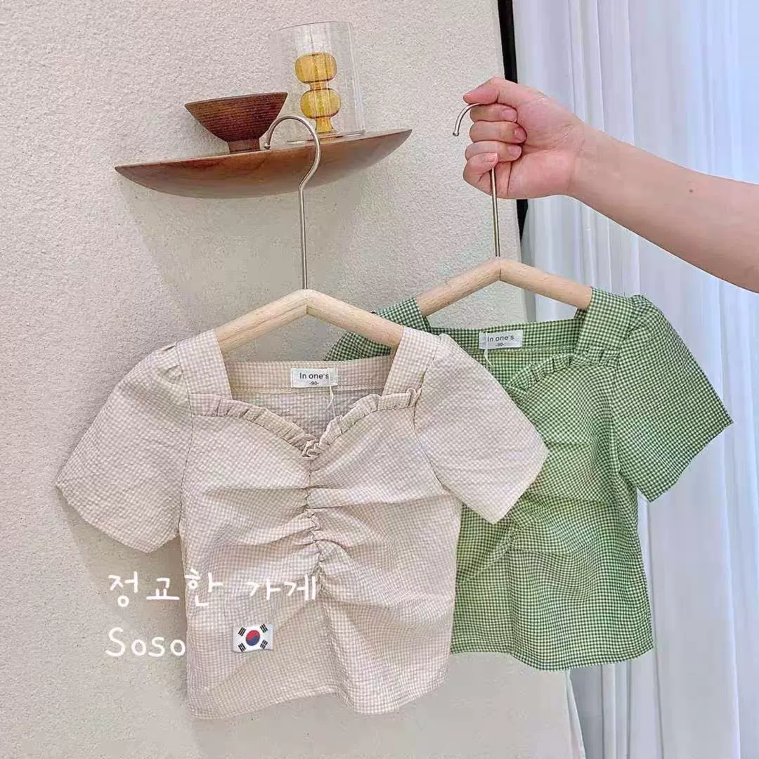 Áo sơ mi bé gái cho bé gái 2020 mùa hè mới phong cách Hàn Quốc thời trang ren kẻ sọc tay phồng áo sơ mi ngắn tay trẻ em - Áo sơ mi
