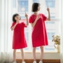 Xiaole để các bậc cha mẹ cài đặt 166 bài học [đánh giá. US] khóa đỏ khóa vải lanh váy cotton mùa hè mẹ và váy nữ - Trang phục dành cho cha mẹ và con set đồ đẹp cho mẹ và bé