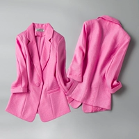 Bộ đồ cotton và vải lanh nhỏ phù hợp với phụ nữ áo khoác mỏng Phiên bản Hàn Quốc mỏng một khóa mùa xuân và mùa hè nhỏ phù hợp với áo khoác bảy điểm tay áo nữ bộ vest nữ quần ống rộng