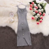 Весеннее осеннее длинное трикотажное платье без рукавов, в корейском стиле, эффект подтяжки, средней длины