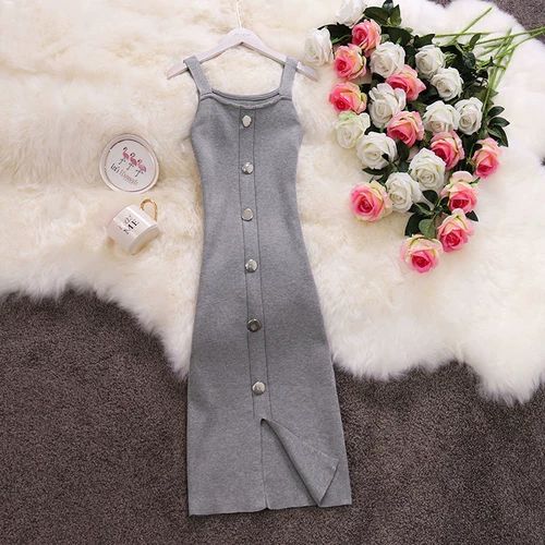 Весеннее осеннее длинное трикотажное платье без рукавов, в корейском стиле, эффект подтяжки, средней длины