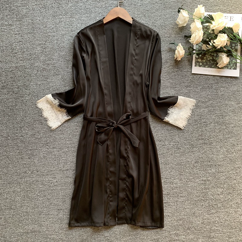 Nghiện cùng áo choàng tắm mùa xuân và mùa hè nữ mô phỏng áo ngủ lụa gợi cảm màu đen đồ ngủ ren dài tay áo kimono băng lụa - Night Robe