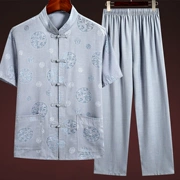 Bố tải hè hai mảnh 50-60 tuổi ông nội quần áo mát mẻ Trung Quốc kiểu quần nam mùa hè đoạn ngắn thực tế - Trang phục dân tộc