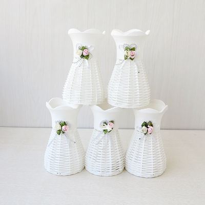 (买1送1)白色花瓶塑料插干花现代简约仿藤编制摆设件家居装饰篮