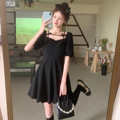 taobao agent Small design dress, brace, plus size, puff sleeves, open shoulders, fitted