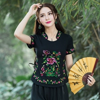 2018Yun Nam quốc gió áo sơ mi nữ cổ áo thêu hoa ngắn tay áo thun nữ mùa hè đầm Trung Quốc phong cách từ bi - Áo phông áo phông trơn