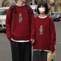 Демисезонный красный брендовый трикотажный свитер для влюбленных подходит для мужчин и женщин, с медвежатами, в корейском стиле
