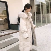 Quần áo cotton nữ dài 2019 mùa đông mới qua đầu gối cổ áo lông lớn in quần áo học sinh xuống áo khoác - Bông