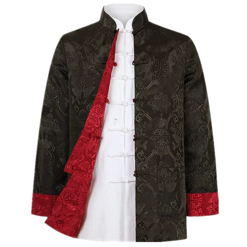 Mùa xuân và mùa thu Tang phù hợp với nam áo khoác lụa dài tay Trung Quốc đĩa retro nút đứng cổ áo hàng đầu Trung Quốc phong cách mặc áo khoác hai mặt - Cao bồi